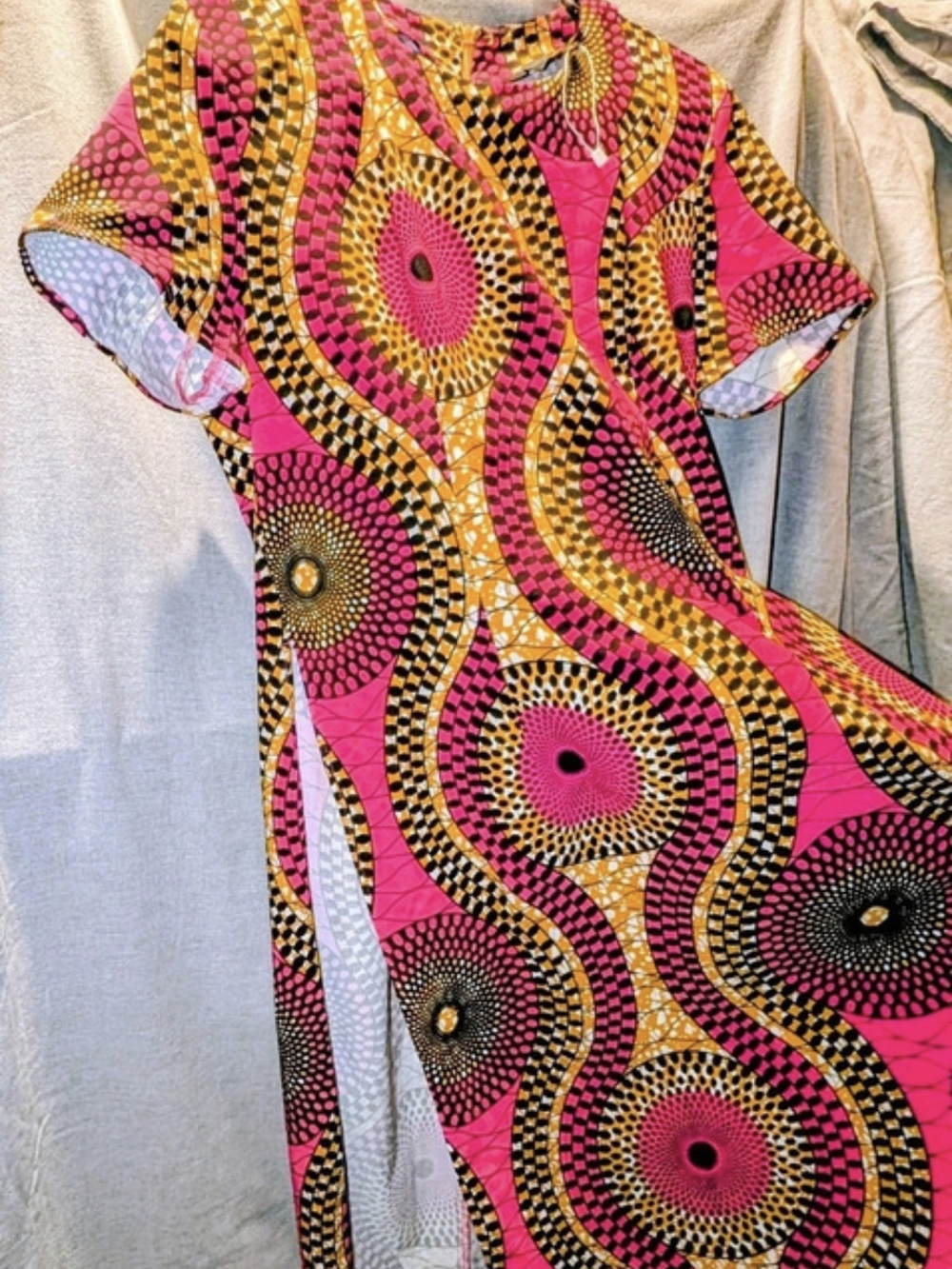 NWT D'IYANU African Print Geometric Bodycon Midi Dress Pink Gold Checkerboard XL